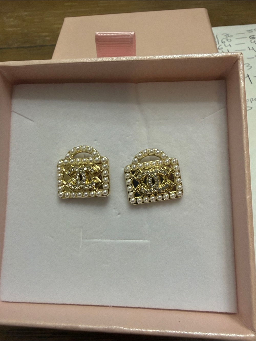 Gold Pearl Accent Handbag Stud Earrings with Logo Motif - Women Jewelry